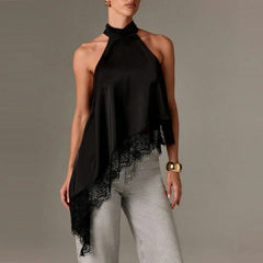 Women Asymmetrical  Lace Satin Top | Silk Vest | Draped Choker | Halter Neck | Cami