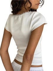 Women Vintage Square Neck Baby Tee | Cottage Lace Short Sleeve Trim Knitted T-Shirt