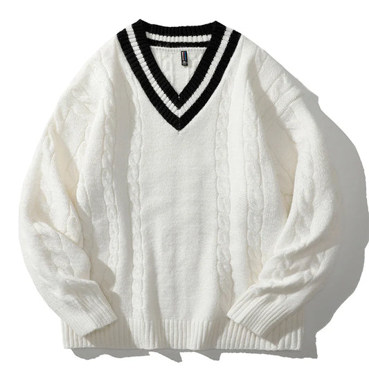 Men Knitted Ribbed Sweater | V-Neck Splicing Knit Pullover