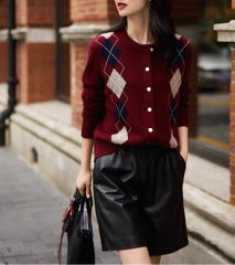 Women Argyle Cashmere Knitted Cardigan | Diamond Check Sweater | Wool