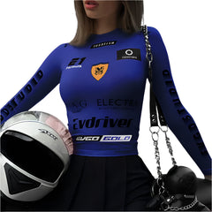 Women Cropped Motorcycle Style Top | Round Neck | Fitted Sports Top