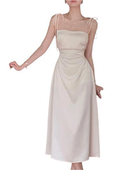 Women Vintage Midi Satin Dress | Spaghetti Strap Dress | Backless Evening Dress