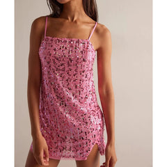 Women Sequin Party Dress | Mini Slip Dress | Spaghetti Strap | Split Hem