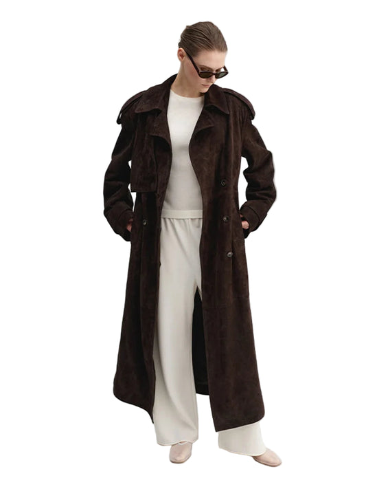 Women Suede Brown Long Coat | Suede Jacket With Belt