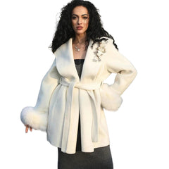 Women Fur Woolen Coat | Short Coat | Elegant Double-Sided Wool Overcoat | Cardigan Jacket | Long Wrap Coat