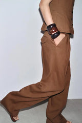 Women Brown Casual Pleated Pants | V Neck Vest Top | Set