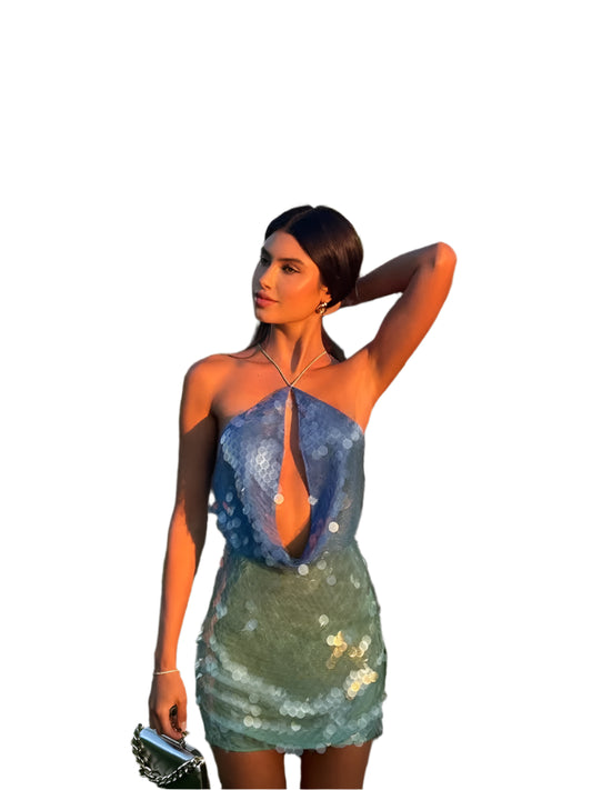 Women Sequin Halter Hollow Out Dress | Backless | Sleeveless | Mini Dress