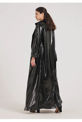 Women Black Shiny Leather Trench Coat | Luxury Designer | Floor Length | Glossy Leather Coat | Reflective | Soft Patent