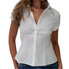 Women Short Sleeve Plaid Button Down Shirt | Button Down Blouse | Fitted Top