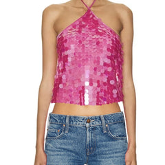 Women Sequin Halter Top | Tank Top | Glitter Tie-Up Vest | Backless Cami Top | Party