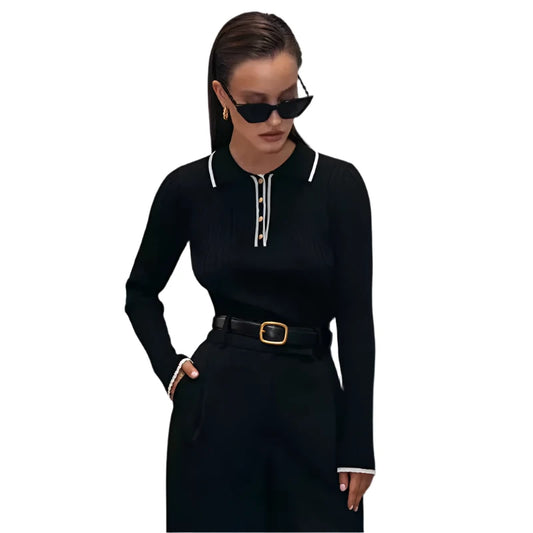 Women Knitted Long Sleeve Sweater Top | Lapel Knitted Pullover Top