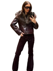 Women Patchwork Leather Jacket | Detachable Collar | Double Breasted | Winter