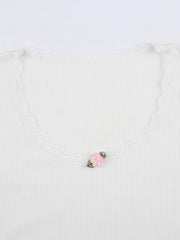 Women White Floral Lace Trim Knitted Crop Top | Basic Casual Full Sleeve T Shirt