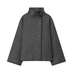 Women Short Jacket | Wide Shoulder | Vintage High Neck | Long Sleeve | Cape Coat