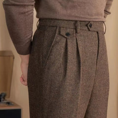 Men High-Waisted Woolen Pants | Herringbone | Italian Vintage Pants | Suit Pants |  Warm | Straight Fit