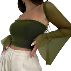Women Vintage Strapless Tank Top with Mesh Sheer Flare Long Sleeve Shawl