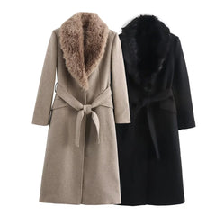 Women Belted Warm Fur Collar Coat | Flip Collar | Winter | Long Coat