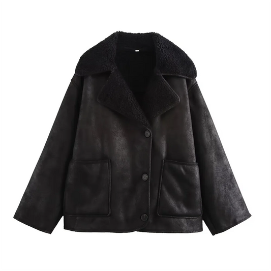 Women Loose Double Sided Collar Long Sleeve Warm Fur Jacket | Shearling Jacket