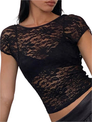 Women Lace Backless Top | See-Through Slim Fit Crop Top | Vintage Short Sleeve Lace Blouse