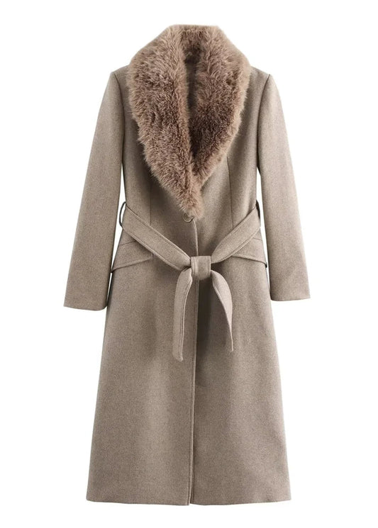Women Belted Warm Fur Collar Coat | Flip Collar | Winter | Long Coat