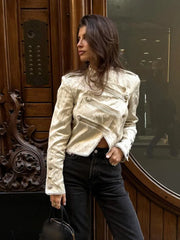 Women Napoleon Jacket | Casual Short Coat | Asymmetrical | Double-Breasted | Long Sleeves | Stand Collar Jacket