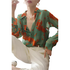 Women Sheer Printed Oversized Blouse | Casual Lapel Button Loose Top