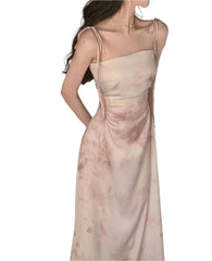 Women Vintage Midi Satin Dress | Spaghetti Strap Dress | Backless Evening Dress