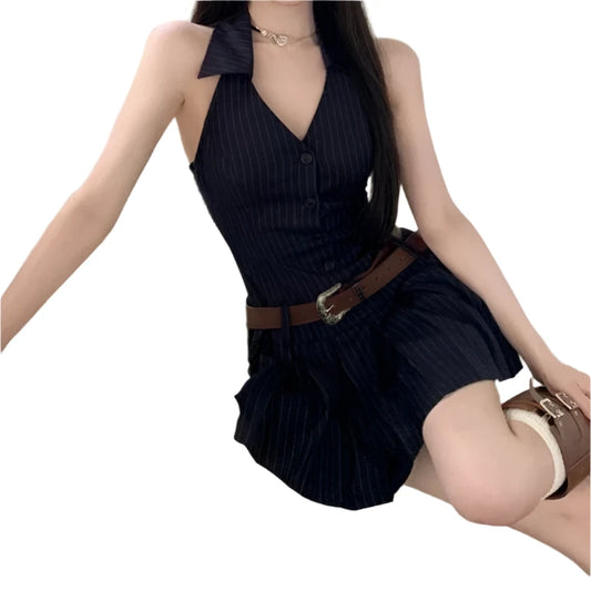 Women Navy Blue Halter Backless Mini Pleated Dress | Short Striped Sleeveless Dress