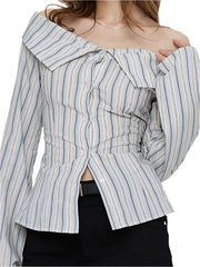 Women Off Shoulder Shirt | Blue White Stripes Long Sleeve Blouse