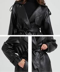 Women Extra Long Leather Trench Coat | Luxury Chic Overcoat | Autumn