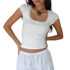 Women Vintage Square Neck Baby Tee | Cottage Lace Short Sleeve Trim Knitted T-Shirt