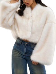 Women Cropped Patchwork Feathers Coat |  V-Neck Long Sleeve Open Stitch Short Fur Coat