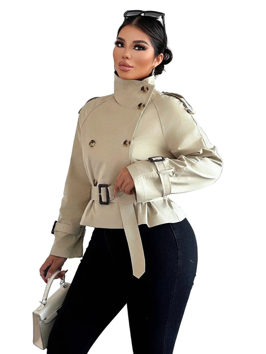 Women Short Trench Coat | Double Breasted With Belt | Windbreaker