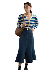 Women Fishtail Slit High Waist Denim Skirt | Blue Mid-Calf Casual Cotton Skirt