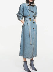 Women Vintage Denim Long Coat | Double Breasted | Winter Long Coat