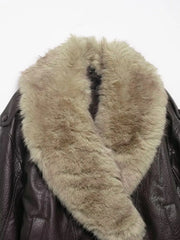 Women Winter Loose Leather Fur Jacket | Big Fur Collar | Casual Coat | Double Breasted