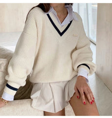 Women Loose Sweater | Autumn | Knitted Pullover | Long Sleeve | V-Neck Knitted Sweater
