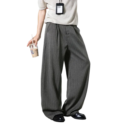 Men Classic Striped Pleated Wide Leg Trousers | Baggy | Straight | Dress Pants | Business