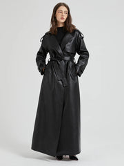 Women Extra Long Leather Trench Coat | Luxury Chic Overcoat | Autumn