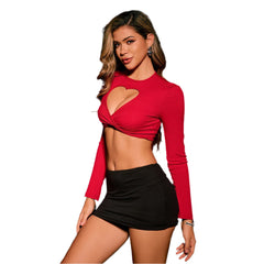 Women Heart Cut-Out Plain Long Sleeve Crew Neck Top | Valentine's Day Top | Crop Top