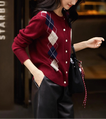 Women Argyle Cashmere Knitted Cardigan | Diamond Check Sweater | Wool