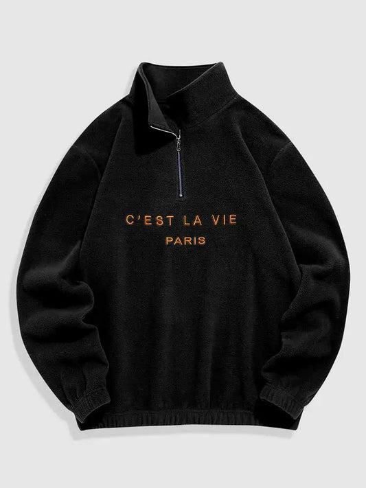 Men Black Hoodie | Fuzzy Polar Fleece Sweatshirt | Embroidered Turtleneck Zipper Pullover