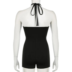 Women Black Skinny Backless Romper with Metal Rings | Club Party Black Overalls | Playsuit