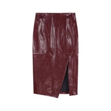 Women Burgundy Two-Piece Suit | Long Sleeve T-Shirt and High Waist Leather Skirt