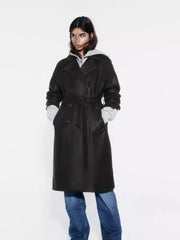 Women Vintage Leather Long Coat | Double Breasted | Winter Long Coat