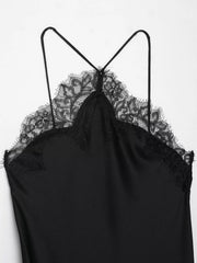 Women Lace Spliced Sling Dress | Sleeveless | Backless | Asymmetrical | Holiday | Party Wear