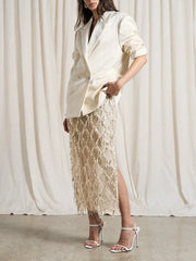 Women Sequin Fringe Maxi Skirt | Midi Mesh Pencil Skirt