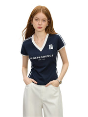 Women Summer Cotton V Neck Sporty Cropped Jersey Tee | Y2K |  Breathable