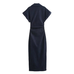 Women Denim Midi Dress | Ruched Waist | Fitted Dress