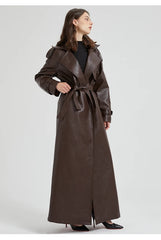 Women Extra Long Leather Trench Coat | Luxury Chic Overcoat | Autumn